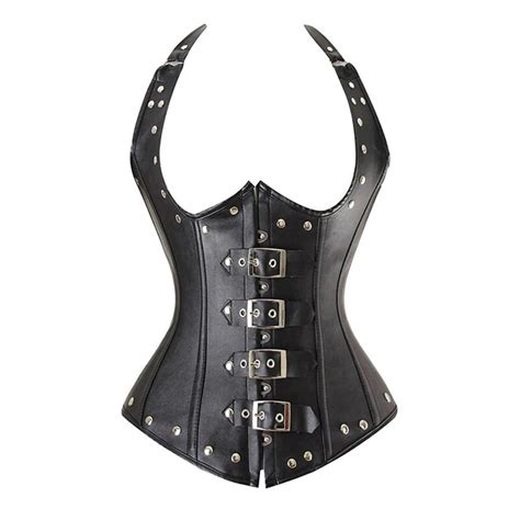 black leather corset underbust corset women modeling strap sexy gothic