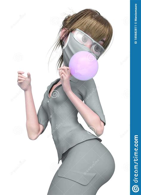 Nurse Cartoon Is Blowing A Bubble With Bubblegum On Pin Up