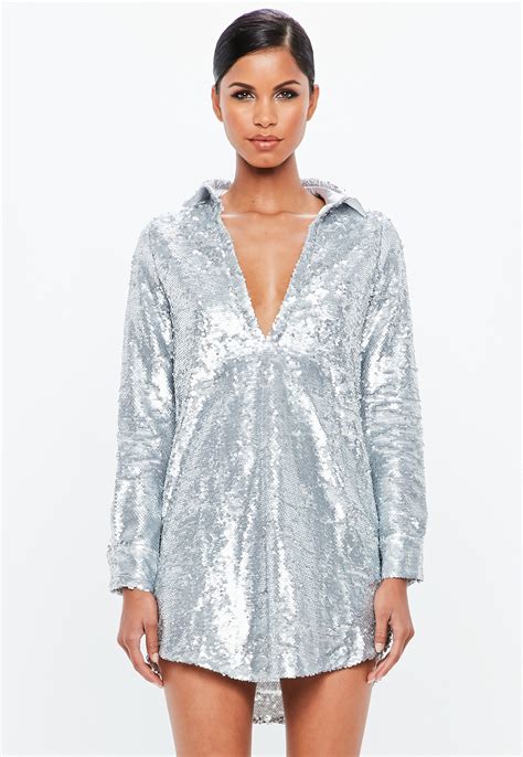 Missguided Synthetic Silver Sequin Cuffed Shirt Dress In Metallic Lyst