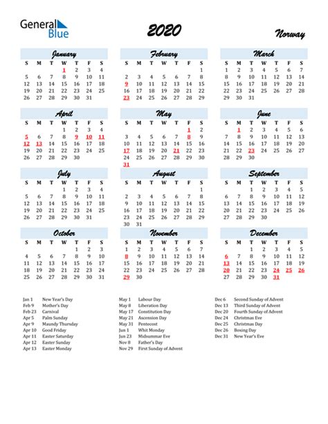 norway calendar  holidays