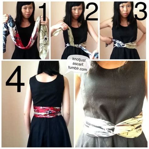 tie the silk scarf around your waist swap ends to the opposite hand then tie at the back to