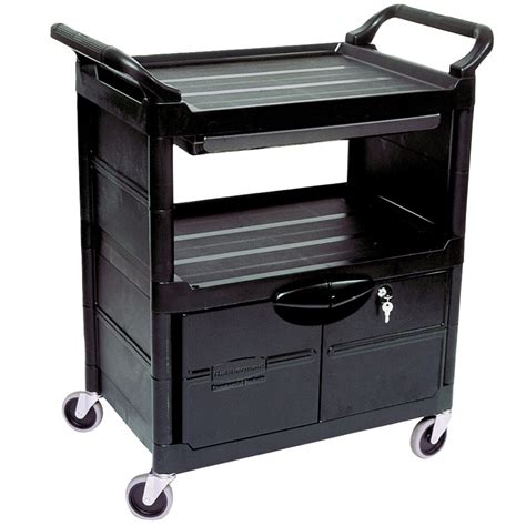 Rubbermaid Fg345700bla Black Utility Cart With Lockable Doors And