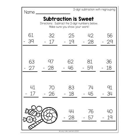 grade math worksheets  digit subtraction  regrouping subtraction  sweet lucky
