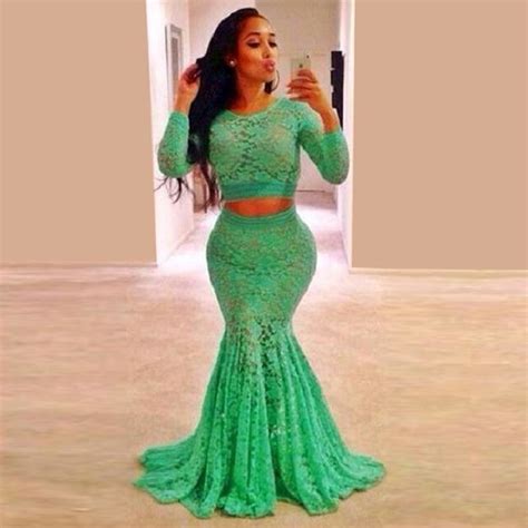 hot sale mint green lace long sleeve prom dresses mermaid plus size for 2016 women two pieces