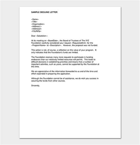 proposal rejection letter format sample letters