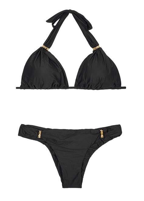 Bikini Forma Triangular Con Lazo De Atar Negro Y Detalles Dorados