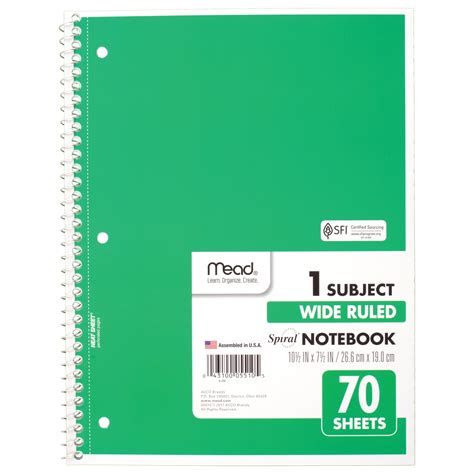 mead spiral notebook  subject wide ruled  sheets assorted