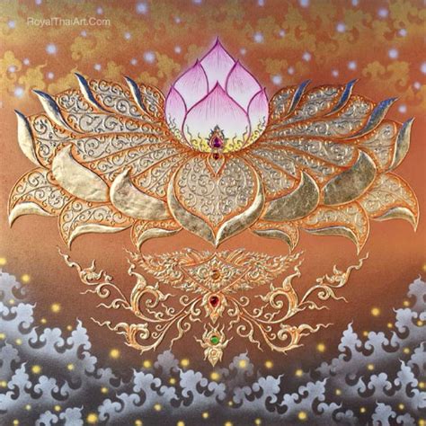 Beautiful Pink Lotus Flower Painting Royal Thai Art
