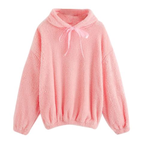 Womens Long Sleeve Plush Hooded Bow Sweatshirt Cute Pink Female Hoodie