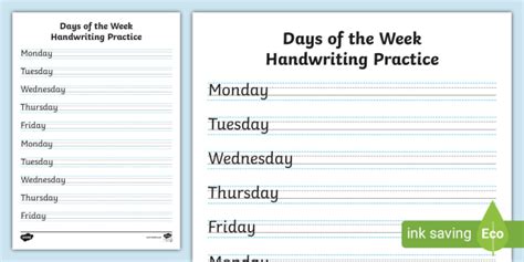 days   week handwriting practice sheets teacher