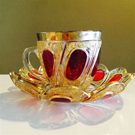 Five Exceptional Moser Glass Cups And Saucers Two Colors Circa 1900 At