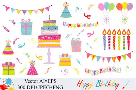 happy birthday clipart vector  illustrations design bundles
