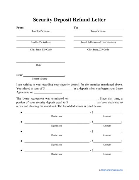 security deposit refund letter template  printable