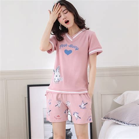 new 2019 print cute rabbit pajamas women girls cotton pajama set love