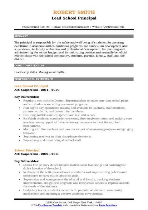 school principal resume samples qwikresume