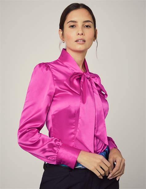 women s hot pink satin fitted shirt single cuff pussy bow hawes