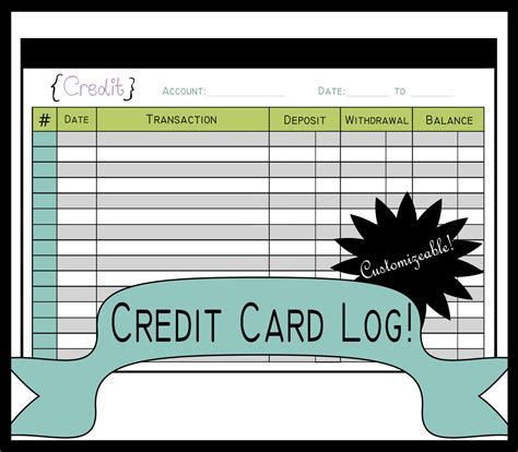 sizes credit card log printable planning page