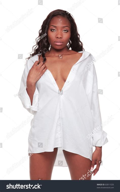 A Sexy African American Woman In A White Men S Dress Shirt