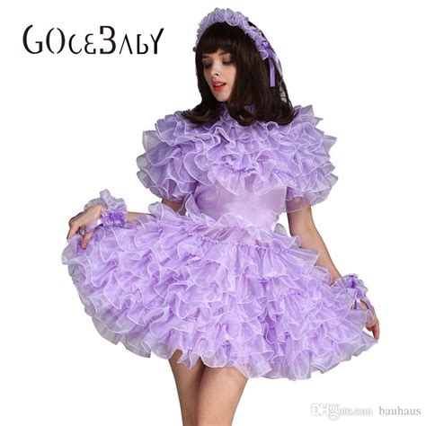 custom made forced sissy girl maid lockable purple satin organza puffy dress uniform cosplay