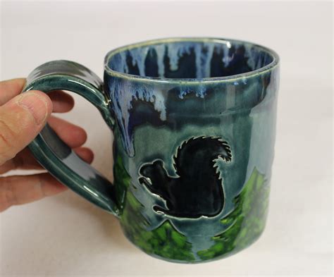 Pine Forest Squirrel Mug Handmade Coffee Mug In Blue Wild Crow Farm