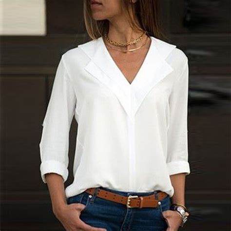 witte blouse lange mouw chiffon blouse dubbele  hals vrouwen tops en blouses solid shirt