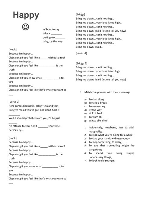 song worksheet happy by pharrell williams