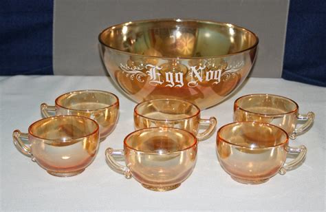 Vintage Jeanette Glass Co Carnival Glass Eggnog Bowl And 6 Cup Set In
