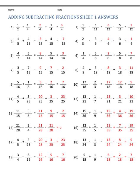 addition  subtraction fraction worksheets worksheet school