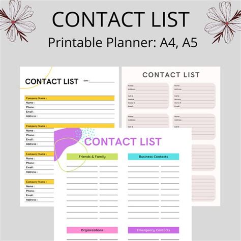 contact list printable planner templates address book etsy