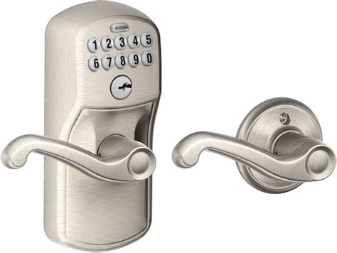 schlage fe  ply  fla plymouth keypad entry  auto lock  flair levers satin nickel