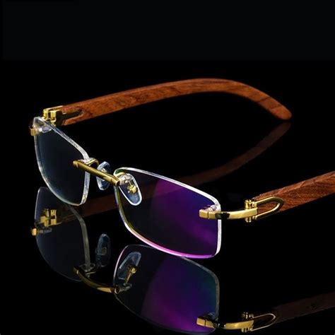 rimless wooden gold glasses frame men lightweight optical rim