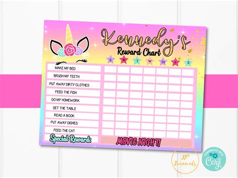 printable unicorn reward chart editable template chore chart etsy