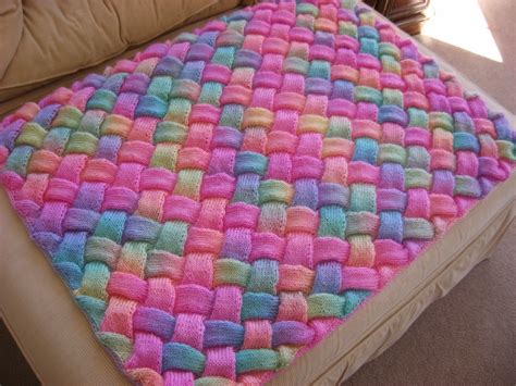 hooked  needles knitted entrelac baby blanket finished