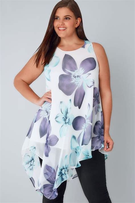 white mint green and blue floral print sleeveless chiffon top with asymmetric hem plus size 16 to 36