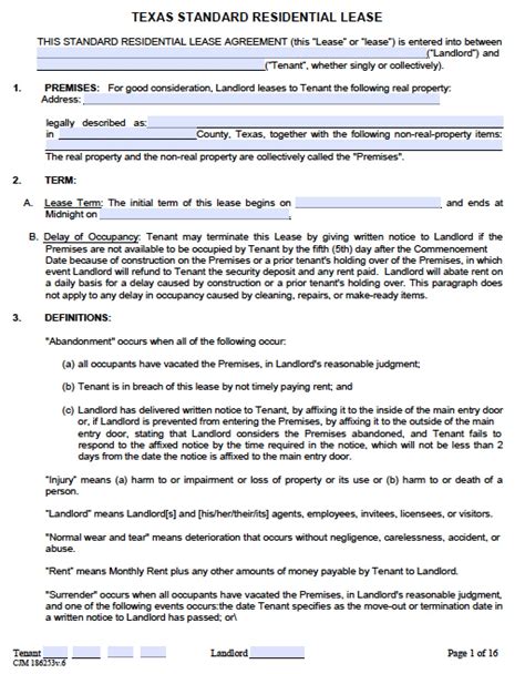 texas rental agreement template  printable templates