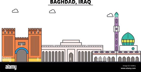 bagdad irak umrisse skyline arabischen flache duenne linie symbole