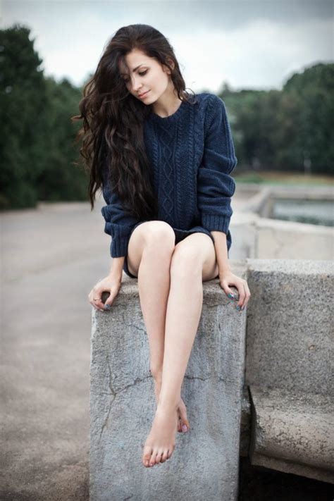 Women Smiling Barefoot Brunette Legs Sweater Hd