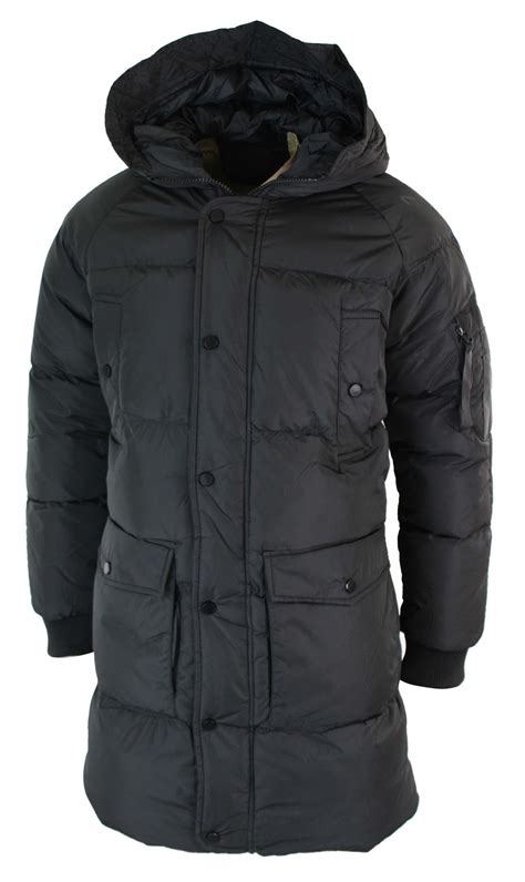 mens puffer quilted long  hood jacket  coat casual warm  olive black ebay