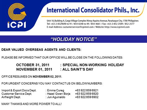 holiday notice oct   nov   international consolidator
