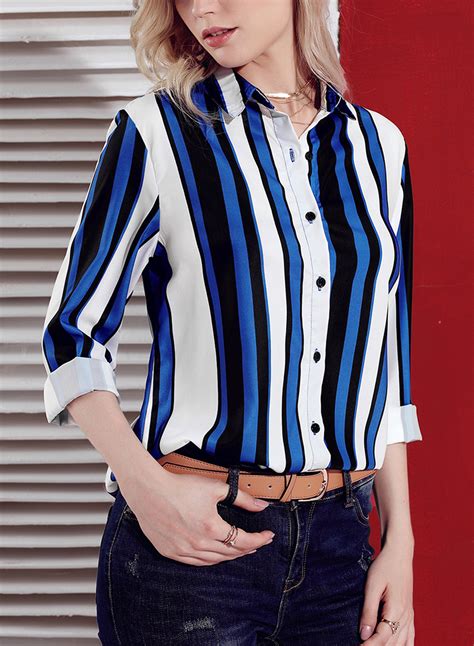 Blue Women S Striped Long Sleeve Turn Down Collar Loose Button Down