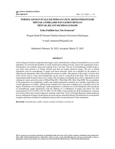 Pdf Formulasi Dan Evaluasi Sediaan Lilin Aromaterapi Dari Minyak