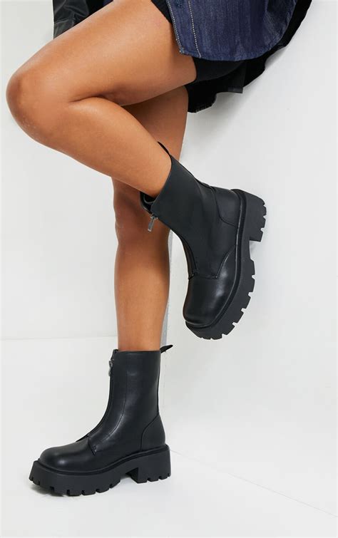 black chunky zip front biker boots shoes prettylittlething ksa