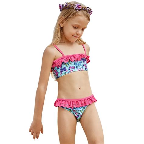 kids girls butterfly print ruffled  pieces bikini swimwear childrens cute pleated