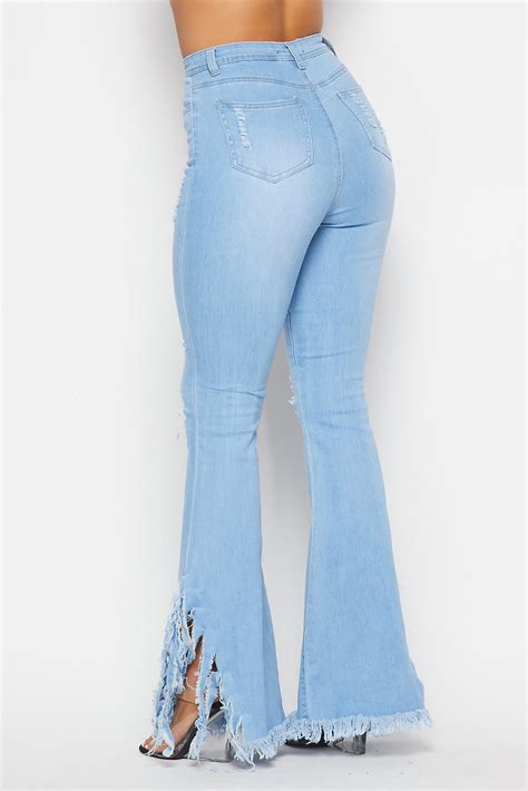 high waisted super distressed bell bottom jeans light denim