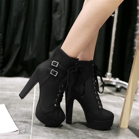 women lace  buckle belt high heels platform ankle boots  shoeu