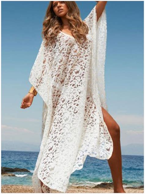 Beach Cover Ups Sexy V Neck Beach Kaftan Dress Elegant Long Sleeve Maxi