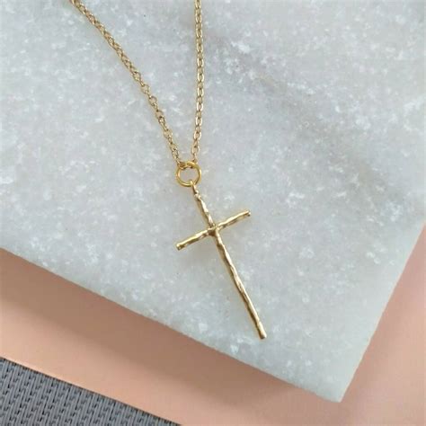 large gold plated hammered cross pendant necklace  madison honey jewellery