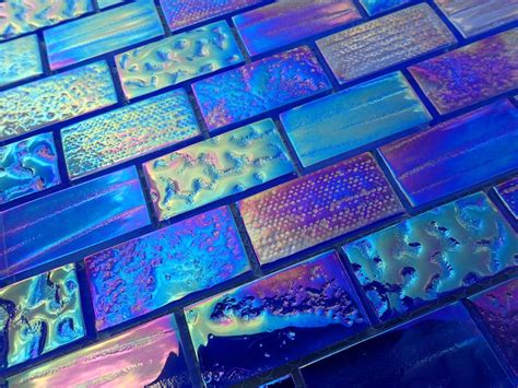 Blue Iridescent Glass Rectangle Mosaic Tiles Large Textured Etsy