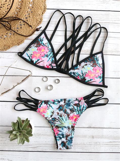 Contrast Trim Floral Print Strappy Bikini Set