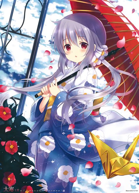 Download 4685x6500 Anime Girl Kimono Umbrella Flowers